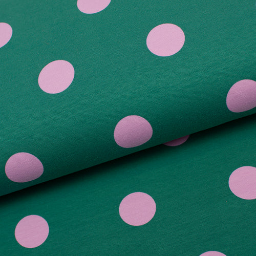 Tissu en ligne Québec french terry de coton lycra motif de gros pois. Online Canadian fabric cotton spandex french terry with big dots.