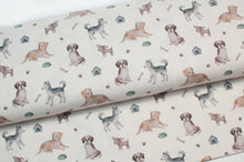 Tissu en ligne Québec jersey de coton lycra motif de chien. Online fabric cotton spandex jersey knit with dog.