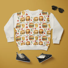 Tissu en ligne Québec jersey de coton lycra motif de hamburger et frites. Online Canadian fabric store cotton spandex jersey knit with burger and fries.