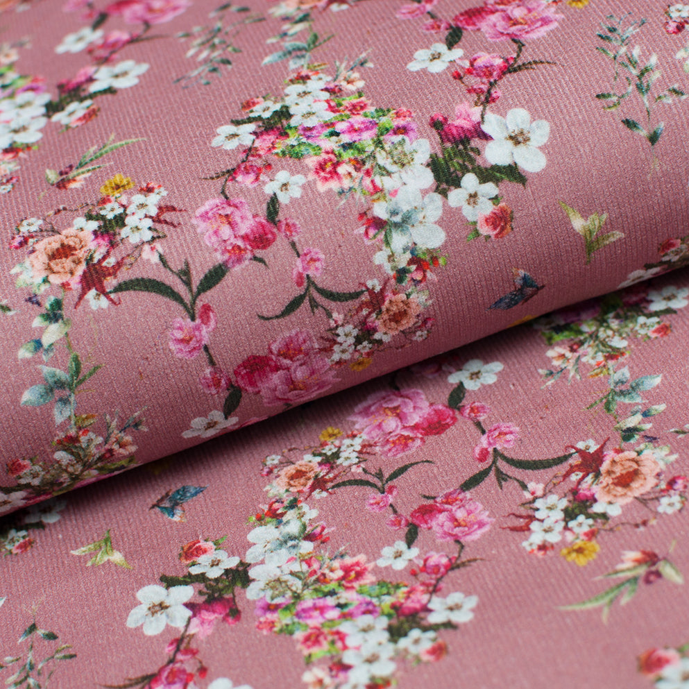 Tissu en ligne corduroy velour côtelé 100% coton motif de fleurs. Online fabric 100% cotton floral corduroy.