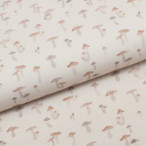 Mushroom pattern lycra cotton jersey line fabric. Online fabric cotton jersey knit with mushroom.