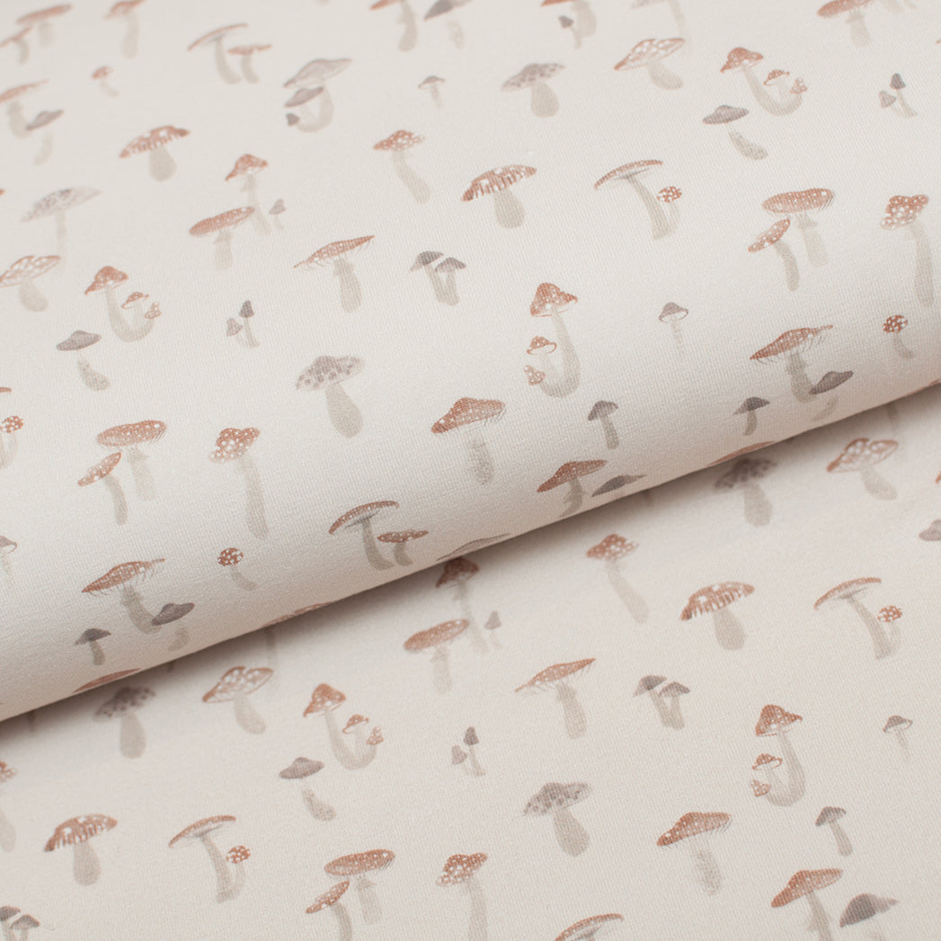 Tissu en ligne jersey de coton lycra motif de champignon. Online fabric cotton jersey knit with mushroom.