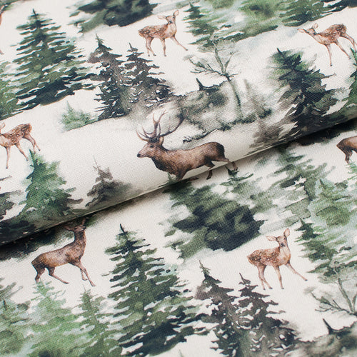 Tissu en ligne canevas 100% coton motif de forêt et chevreuil.  Online fabric 100% cotton canvas with deer in forest.