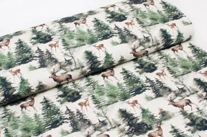 Tissu en ligne canevas 100% coton motif de forêt et chevreuil. Online fabric 100% cotton canvas with deer in forest.