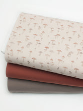 Mushroom pattern lycra cotton jersey line fabric. Online fabric cotton jersey knit with mushroom.