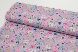 Tissu en ligne jersey de coton motif de fleurs. Online fabric cotton jersey knit with flowers.
