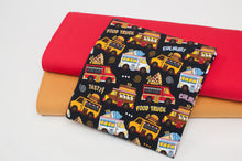 Tissu en ligne jersey de coton avec motifs de food truck. Online fabric cotton jersey with food truck.