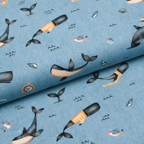 Tissu en ligne jersey de coton lycra motif de baleine. Online fabric cotton spandex jersey knit with whale.