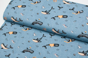 Tissu en ligne jersey de coton lycra motif de baleine. Online fabric cotton spandex jersey knit with whale.