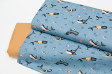 Tissu en ligne jersey de coton lycra motif de baleine. Online fabric cotton spandex jersey knit with whale.