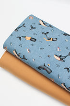 Tissu en ligne jersey de coton lycra motif de baleine. Online fabric cotton spandex jersey knit with whale.