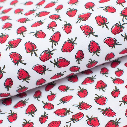 Tissu jersey de coton motif de fraise. Strawberry cotton jersey fabric.