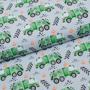 Tissu en ligne jersey de coton lycra motif de camion de recyclage. Online fabric cotton lycra jersey knit with recycling bin.