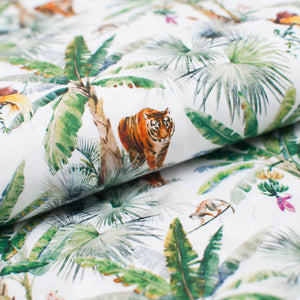 100% cotton poplin line fabric with tiger pattern. Online fabric cotton poplin with tiger.