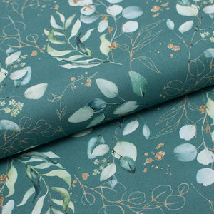Cotton canvas line fabric eucalyptus foliage pattern. Online fabric 100% cotton canvas with eucalyptus design.