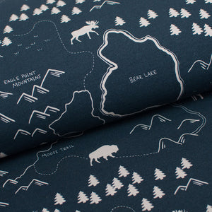 Tissu en ligne french terry de coton motif de voyage en montagne. Online fabric cotton french terry travel design.