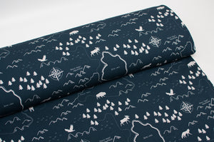 Tissu en ligne french terry de coton motif de voyage en montagne. Online fabric cotton french terry travel design.