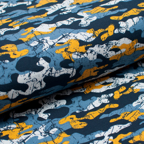 Tissu en ligne french terry de coton motif camouflage. Cotton french terry fabric.