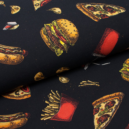 Tissu en ligne french terry de coton motif de hamburger, pizza, frite et hot-dog. Online fabric cotton french terry fast food design.