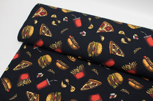 Fabric online french terry cotton pattern hamburger, pizza, fries and hot dog. Online fabric cotton french terry fast food design.