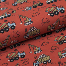 Tissu en ligne french terry coton lycra motif de construction. Online fabric cotton spandex french terry with construction truck.