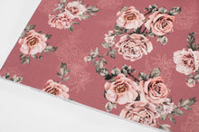 Cotton canvas line fabric with pink flower pattern. Online fabric 100% cotton canvas with rose flowers.