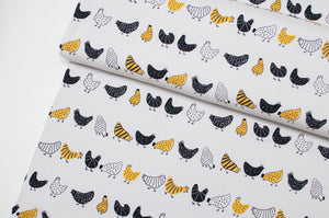 Tissu en ligne jersey de coton motif de poule. Chicken cotton jersey online fabric.