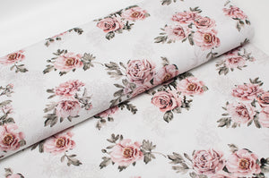 Cotton canvas line fabric with pink flower pattern. Online fabric 100% cotton canvas with rose flowers.