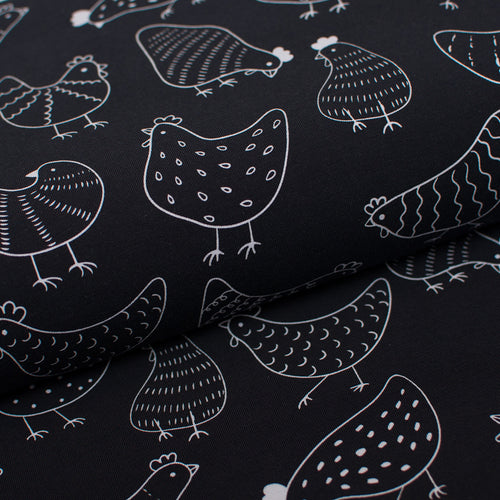 Tissu en ligne jersey de coton motif de poule et de coq. Online fabric cotton jersey with hens.