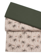 Tissu en ligne jersey de coton lycra motif de palmier et de singe. Online fabric cotton jersey knit with palm and monkey.