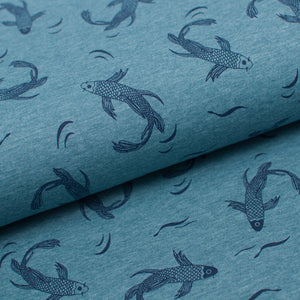 Tissu en ligne jersey de coton motifs de poisson. Online fabric cotton jersey knit with fish.