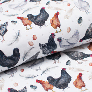 Tissu en ligne jersey de coton motif de poules. Hens cotton jersey online fabric.