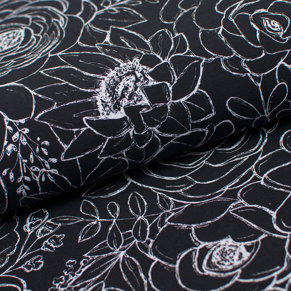 Tissu en ligne jersey de coton motif de fleur. Online fabric cotton jersey flower design.