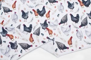 Tissu en ligne jersey de coton motif de poules. Hens cotton jersey online fabric.
