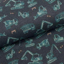 Fabric online french terry brushed cotton excavator pattern. Online fabric brushed cotton french terry with construction vehicle.