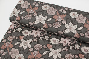 Tissu en ligne jersey de coton lycra motif floral. Online fabric cotton jersey knit with vintage flowers.